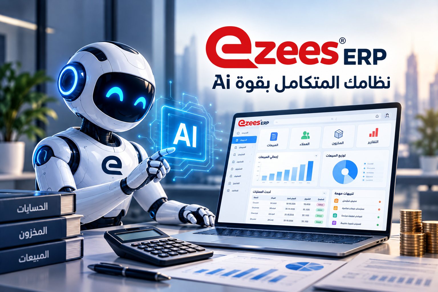 المساعد الذكي في برنامج Ezees ERP أمام لوحة تحكم النظام